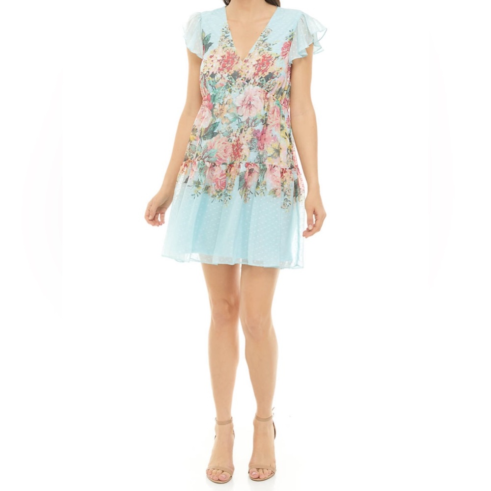 Maison Tara Women's Flutter Sleeve Babydoll Dress blue floral print.